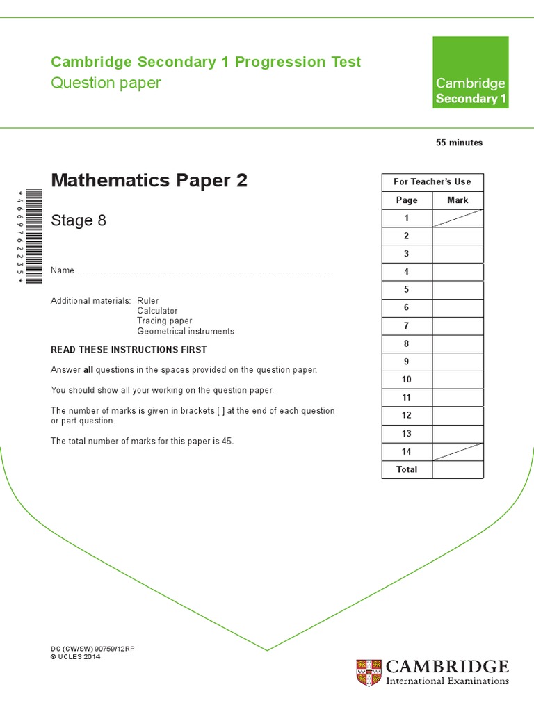Stage 8 Maths Progression Test Paper | PDF | Triangle | Area