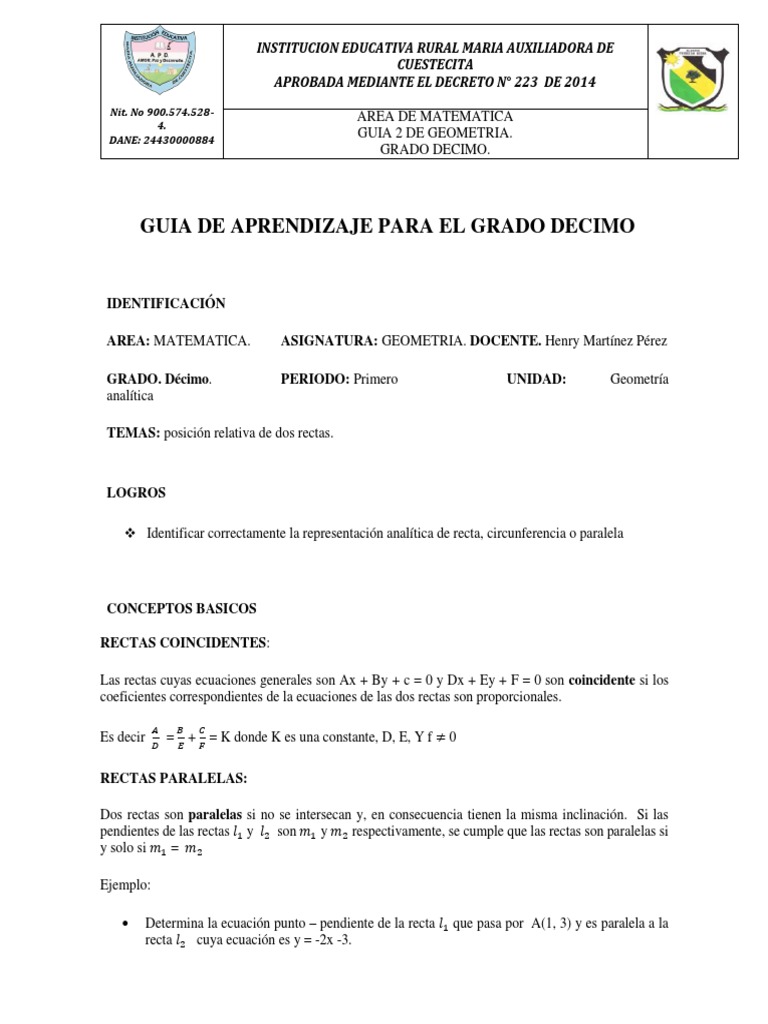 Guia 2 de 10 Grado Geometriaa | PDF | Pendiente | Línea (geometría)