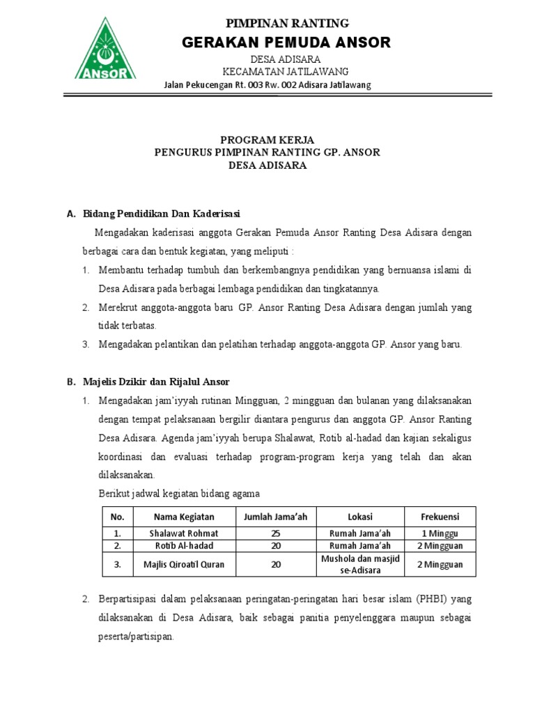 Program Kerja GP Ansor Desa Adisara | PDF