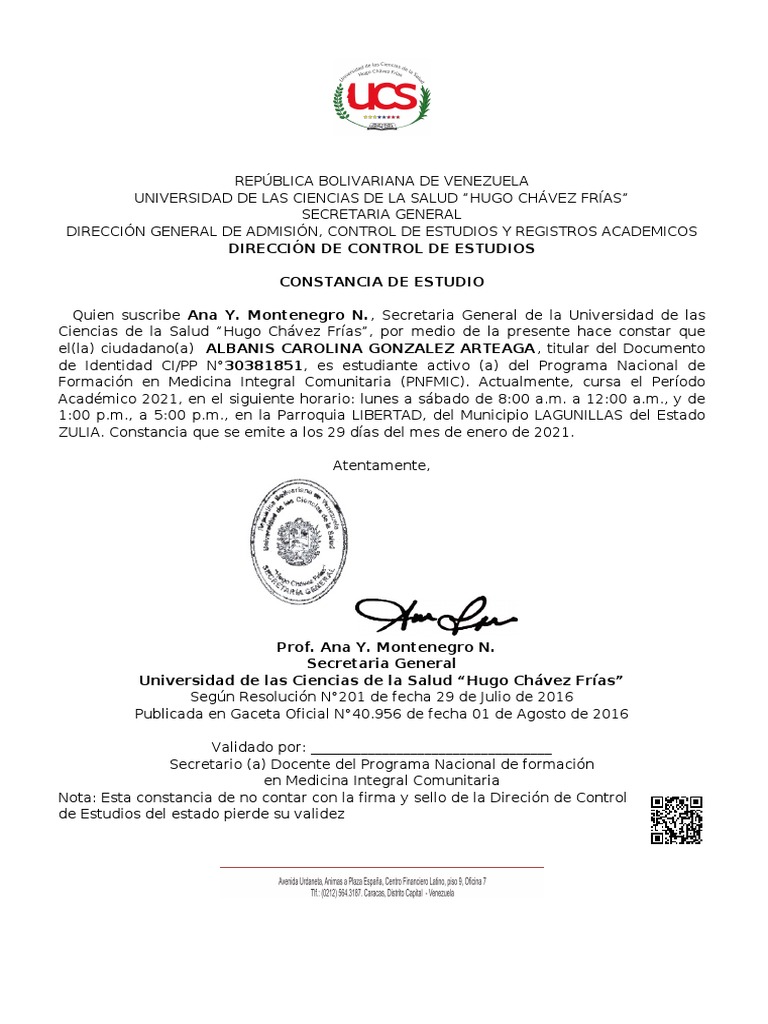 Constancia de Estudio Ucs | PDF | Política de venezuela | Venezuela