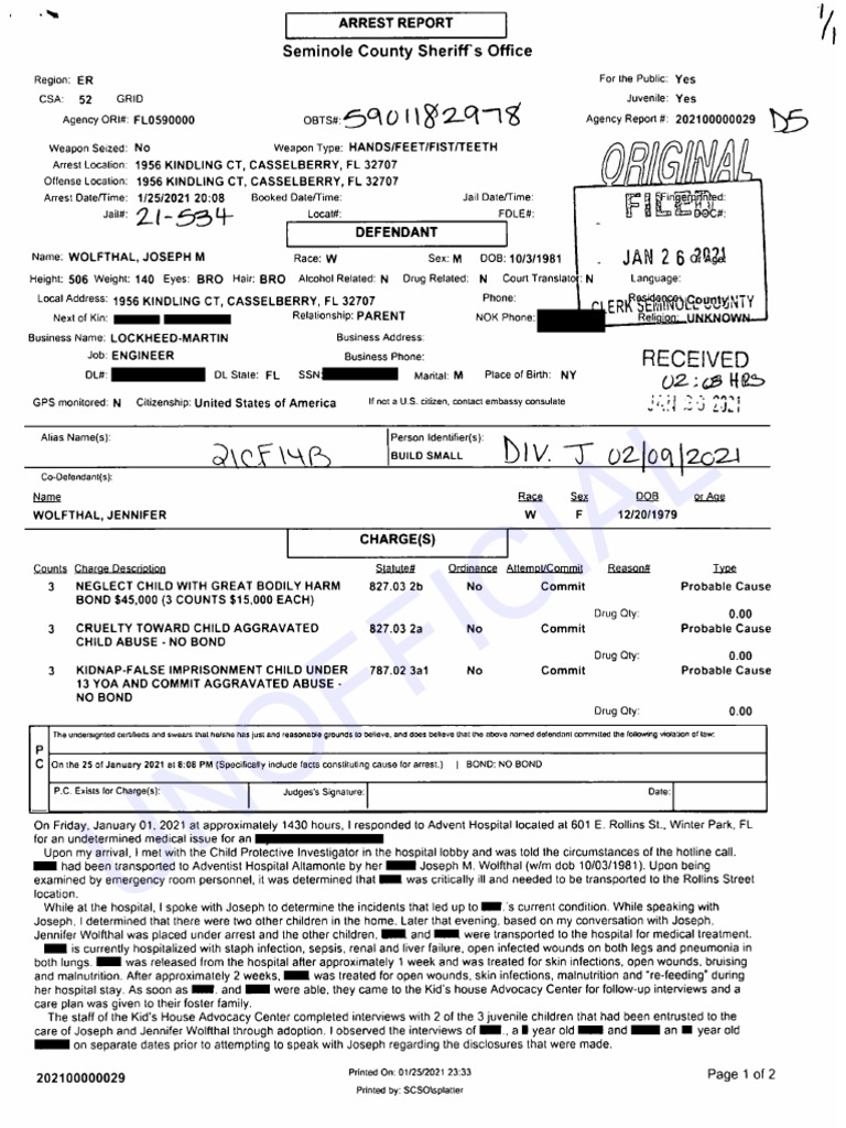 Jennifer Wolfthal and Joseph Wolfthal Arrest Affidavit PDF