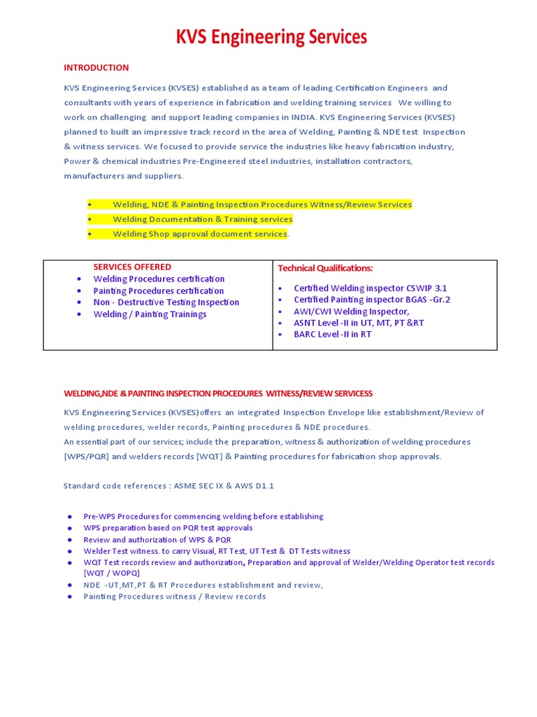 KVS Engineering Services Overview | PDF | Nondestructive Testing | Welding
