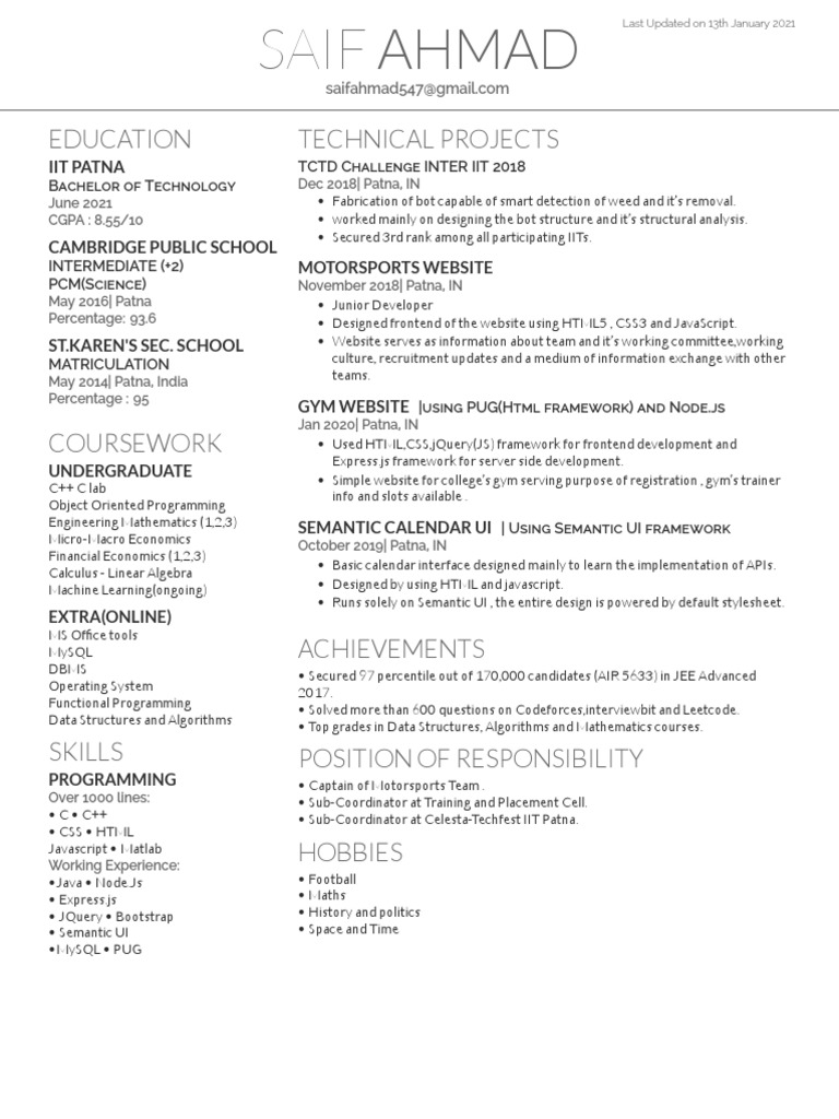 IIT Patna Resume of Saif Ahmad | PDF | Java Script | J Query