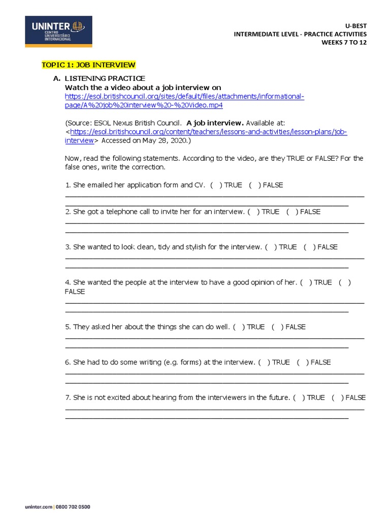 Job Interview Practice Activities | PDF | Job Interview | Interview