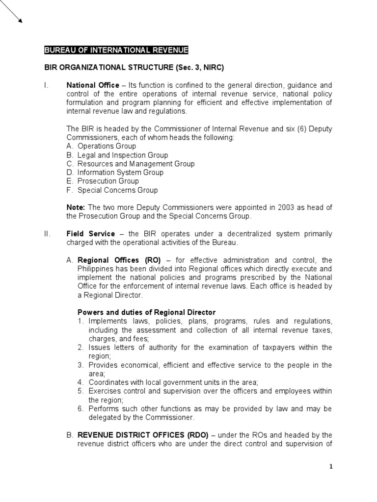 BIR Structure and Tax Enforcement Roles | PDF | Internal Revenue ...