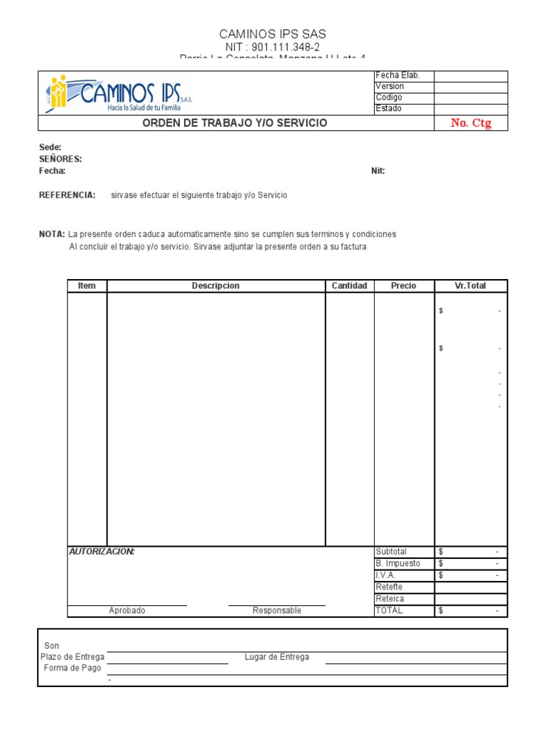 Modelo Orden de Servicio | PDF | Pagos | Precios