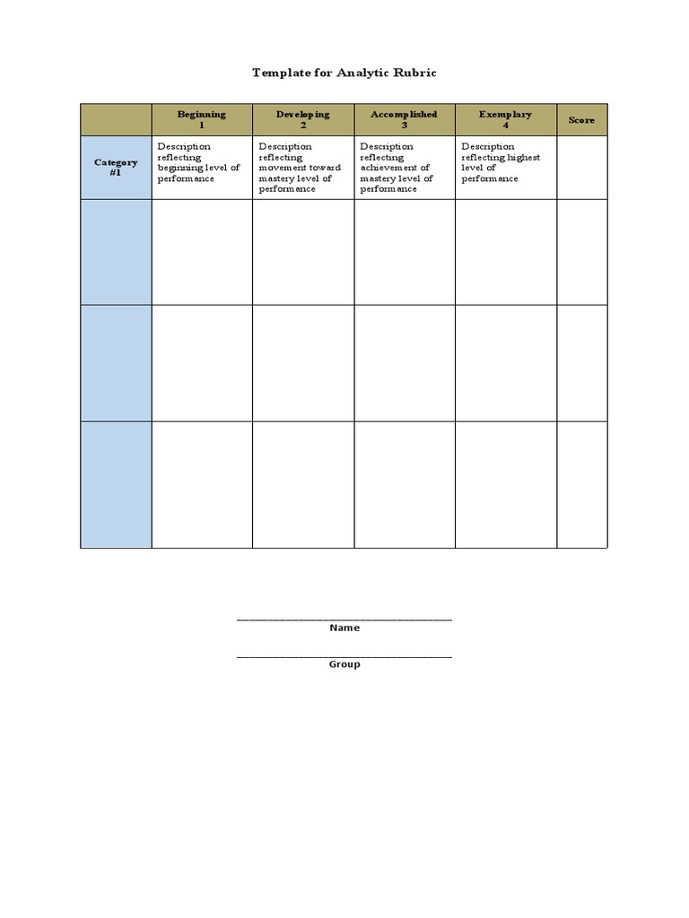 Template For Analytic Rubric: Beginning 1 Developing 2 Accomplished 3 ...