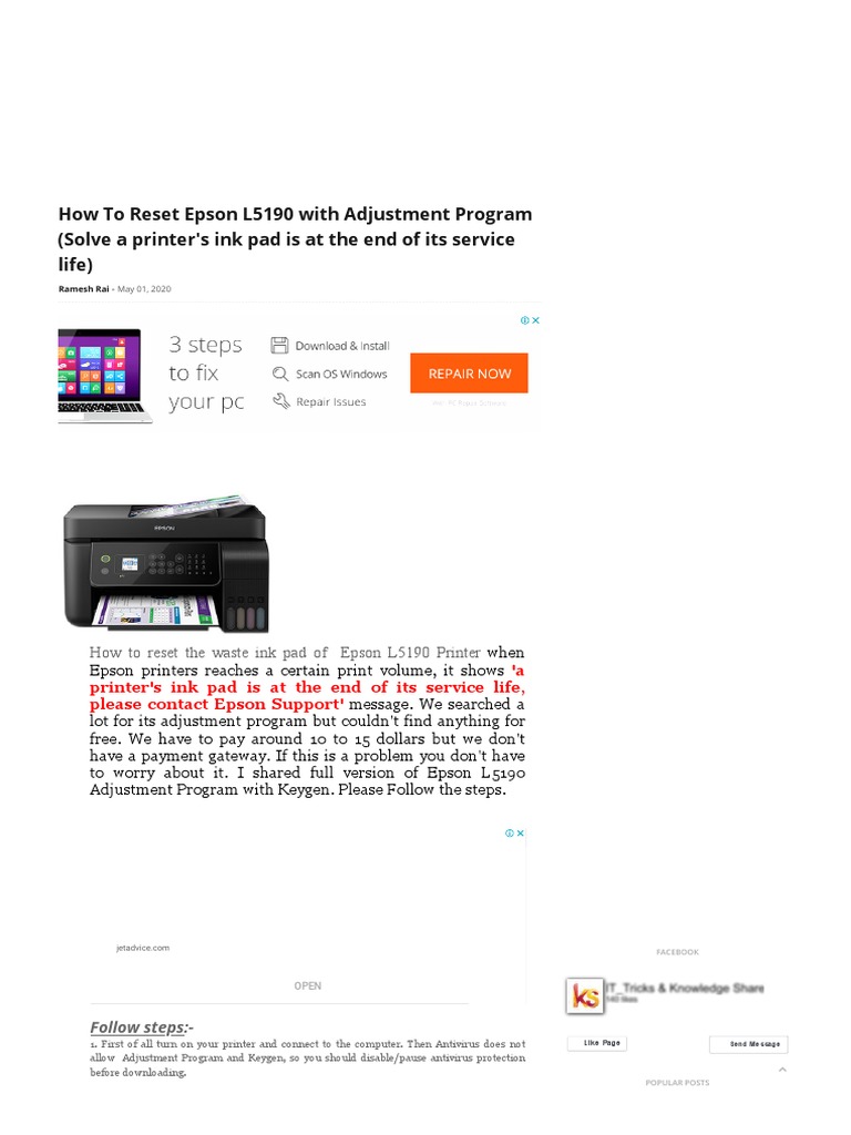 How To Reset Epson L5190 With Adjustment Program (Solve A Printer's Ink
