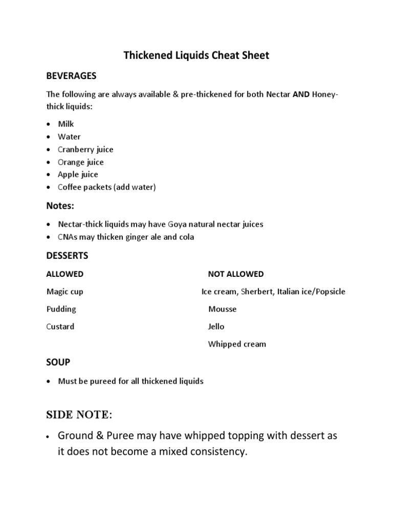 Thickened Liquids Cheat Sheet PDF