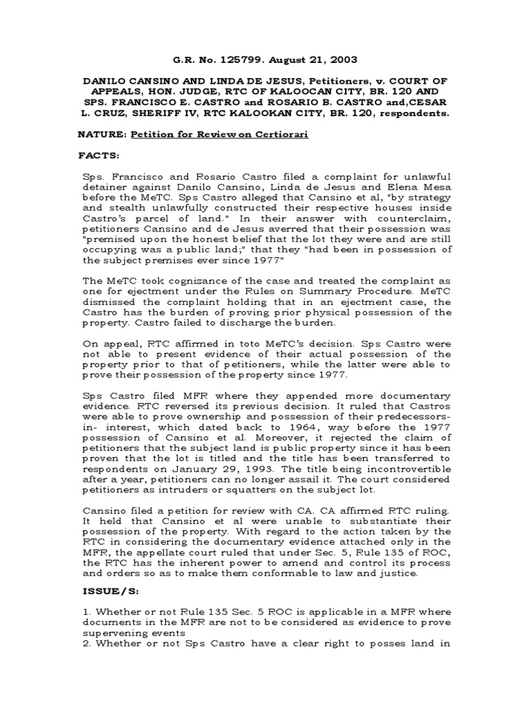 Ejectment Case: Cansino v. Castro | PDF | Evidence | Complaint