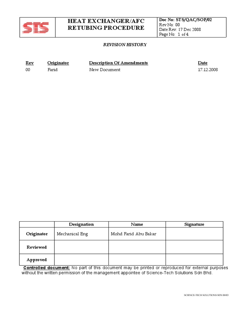 STS Qac Sop 002 Heat Exchanger Retubing Procedure PDF Mechanical