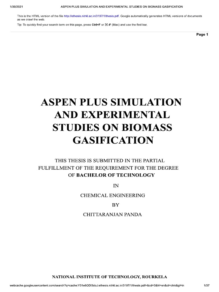 Biomass Gasification in Aspen Plus | PDF