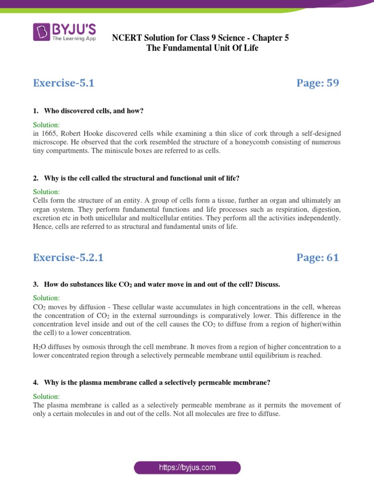 Ncert Sol For Cbse Class 9 Sci Chapter 5 The Fundamental Unit of Life ...