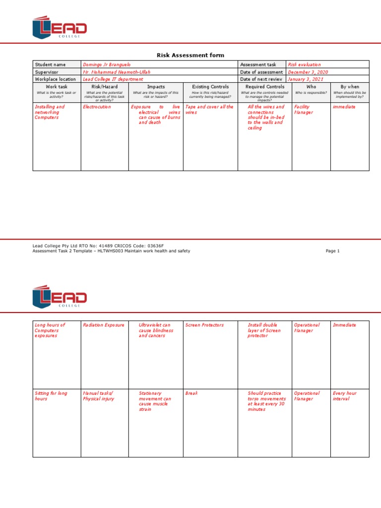 Assestment 2 Risk Assessment Form | PDF | Risk | Occupational Safety ...