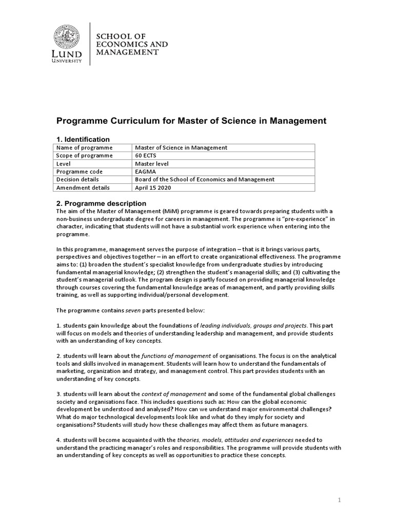 Master of Science in Management Curriculum | PDF | Academic Degree ...