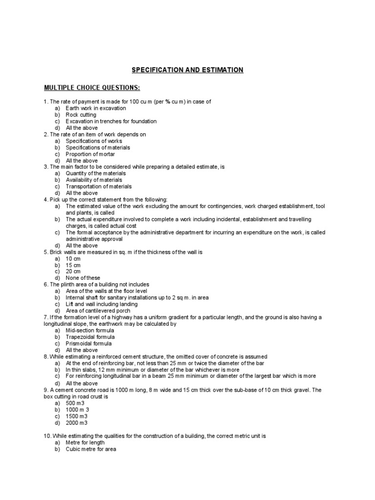 Estimation and Costing MCQs Guide | PDF | Area | International System ...