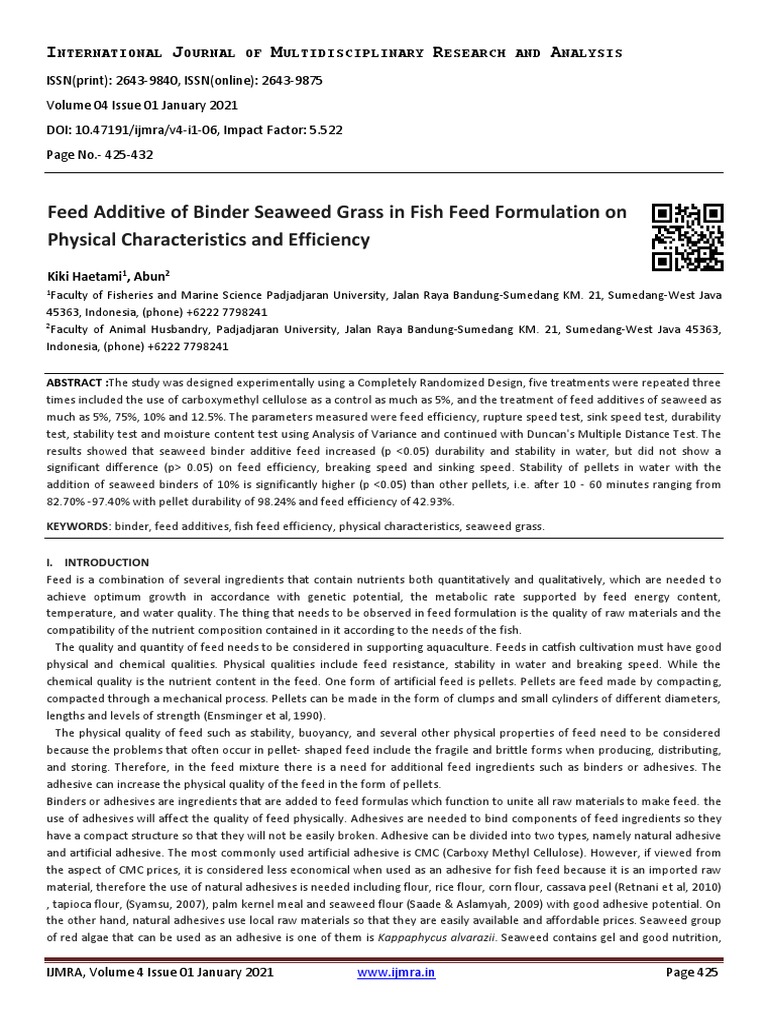 Feed Additive of Binder Seaweed Grass in Fish Feed Formulation On