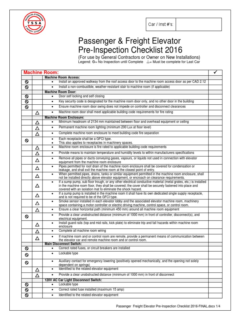 Elevator Pre-Inspection Checklist 2016 | PDF | Elevator | Door