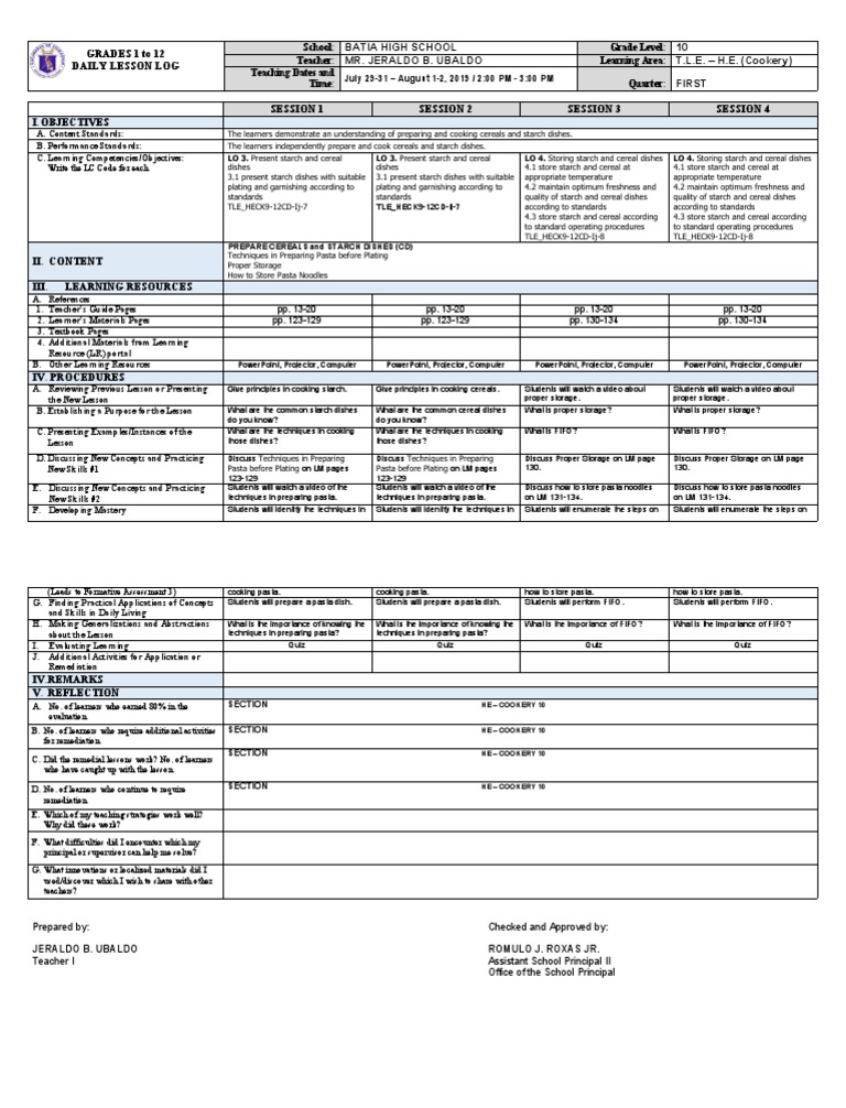 Preparing and Storing Cereals and Starch Dishes A Daily Lesson Log on