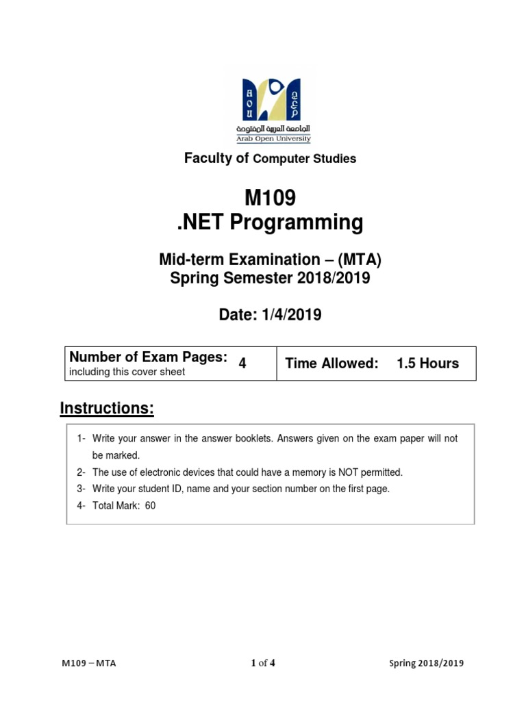 M109 MTA Spring 2018-2019 | PDF | C Sharp (Programming Language ...