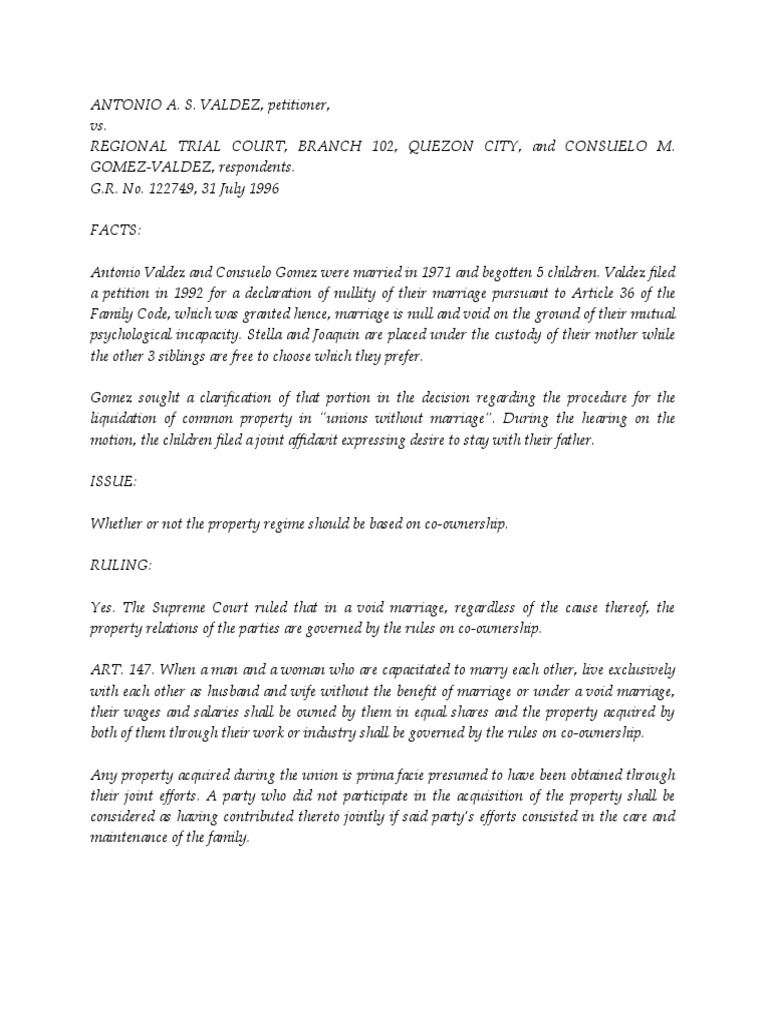 Valdez v. RTC: Property Co-Ownership Ruling | PDF