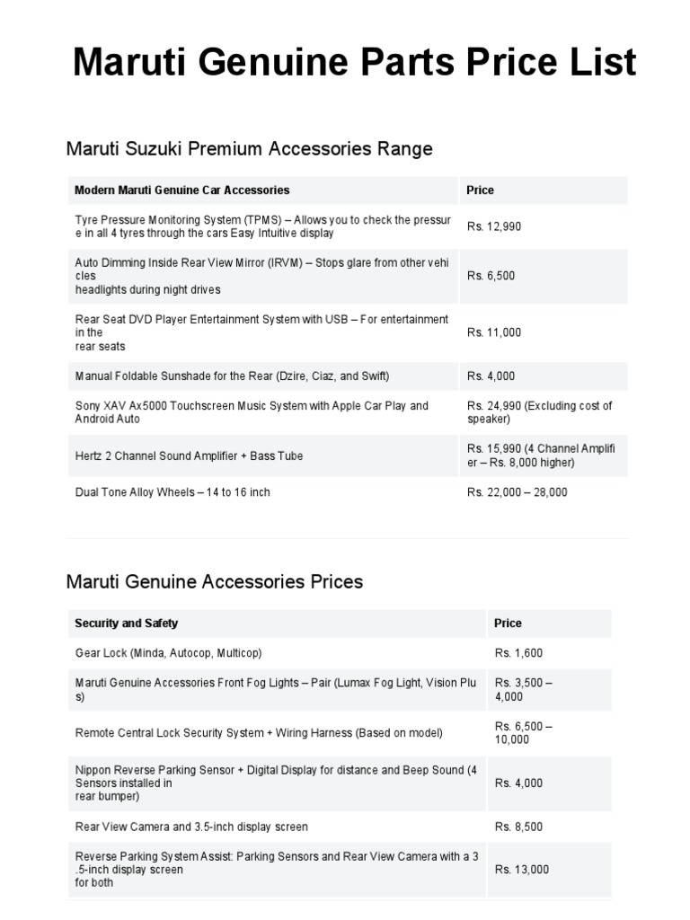 Maruti Genuine Parts Price List, PDF, Brake