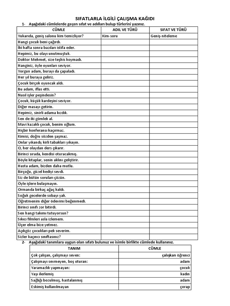 Sıfatlar çalışma Sayfası