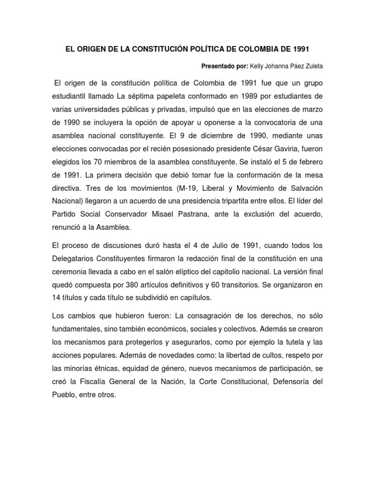 Origen de la Constitución de 1991 en Colombia | PDF | Formas de ...
