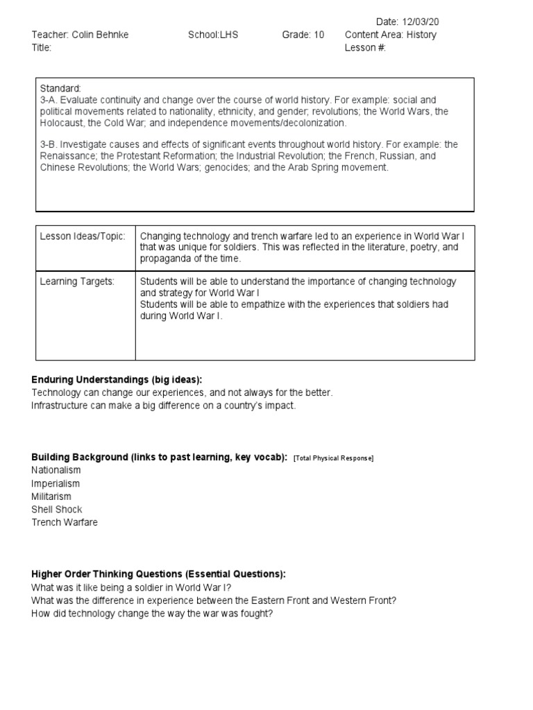Trench Warfare in WWI: Lesson Plan | PDF | Lecture | World War I