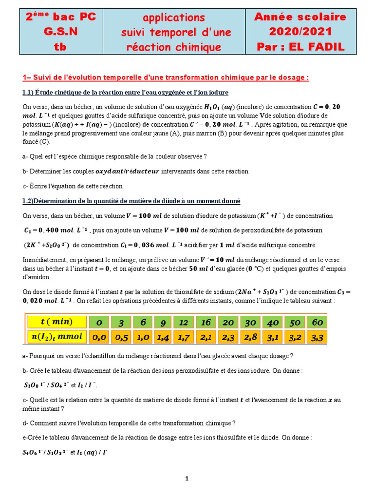 Suivi cinétique d'une réaction chimique | PDF | Concentration molaire ...
