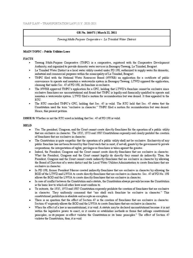 Tawang MultiPurpose Cooperative v. La Trinidad Water District