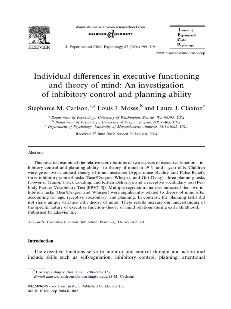 Executive Functioning and Theory of Mind | PDF | Theory Of Mind ...