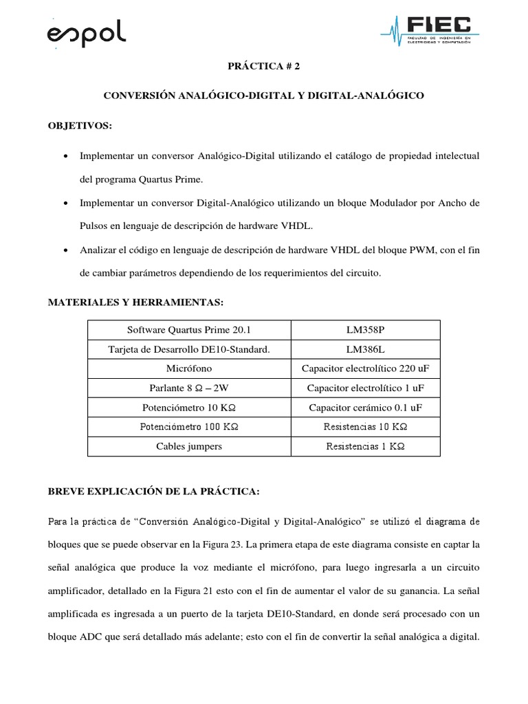 Práctica 2 Conversión Analógico Digital Y Digital Analógico Pdf