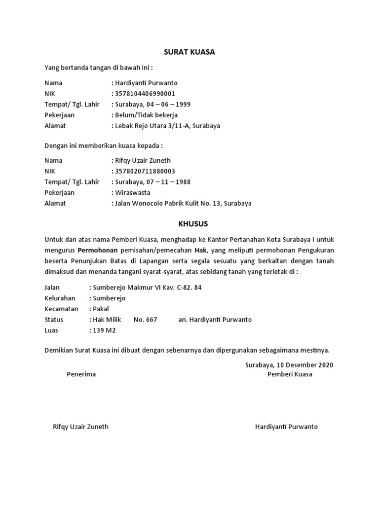 Surat Kuasa Pengurusan Sertifikat | PDF