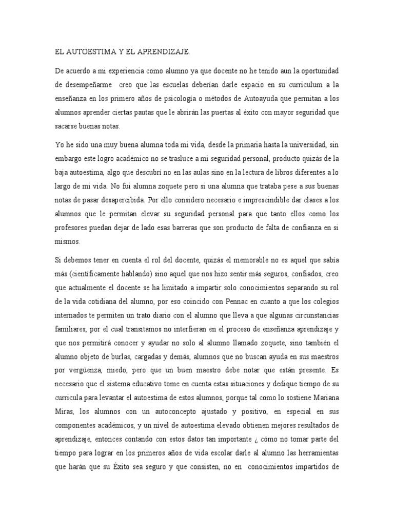 El Autoestima y El Aprendizaje | PDF | Autoestima | Plan de estudios