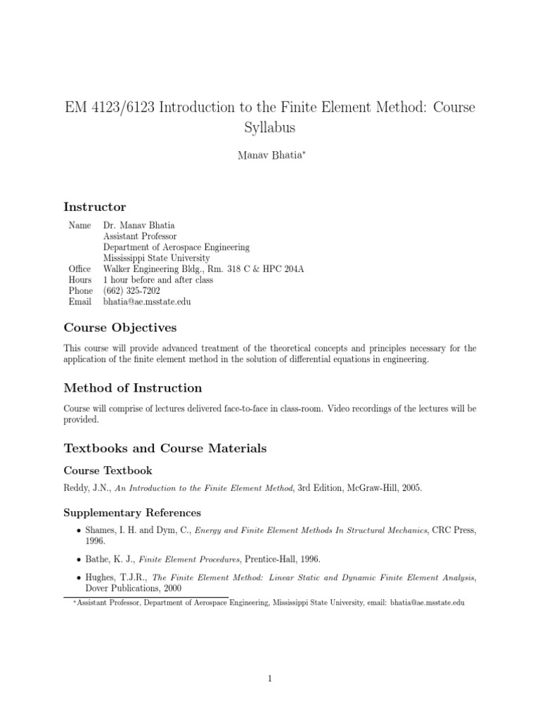 EM 4123/6123 Finite Element Method Syllabus | PDF | Finite Element ...