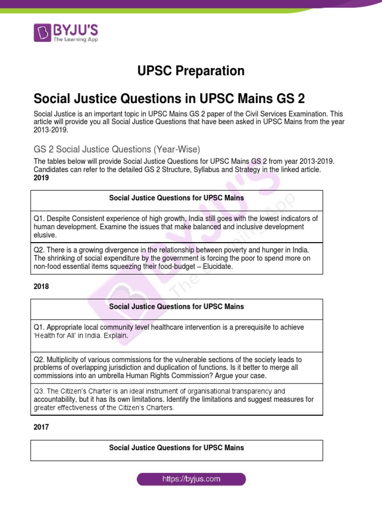 Social Justice Questions For UPSC Mains GS 2 PDF Social Justice