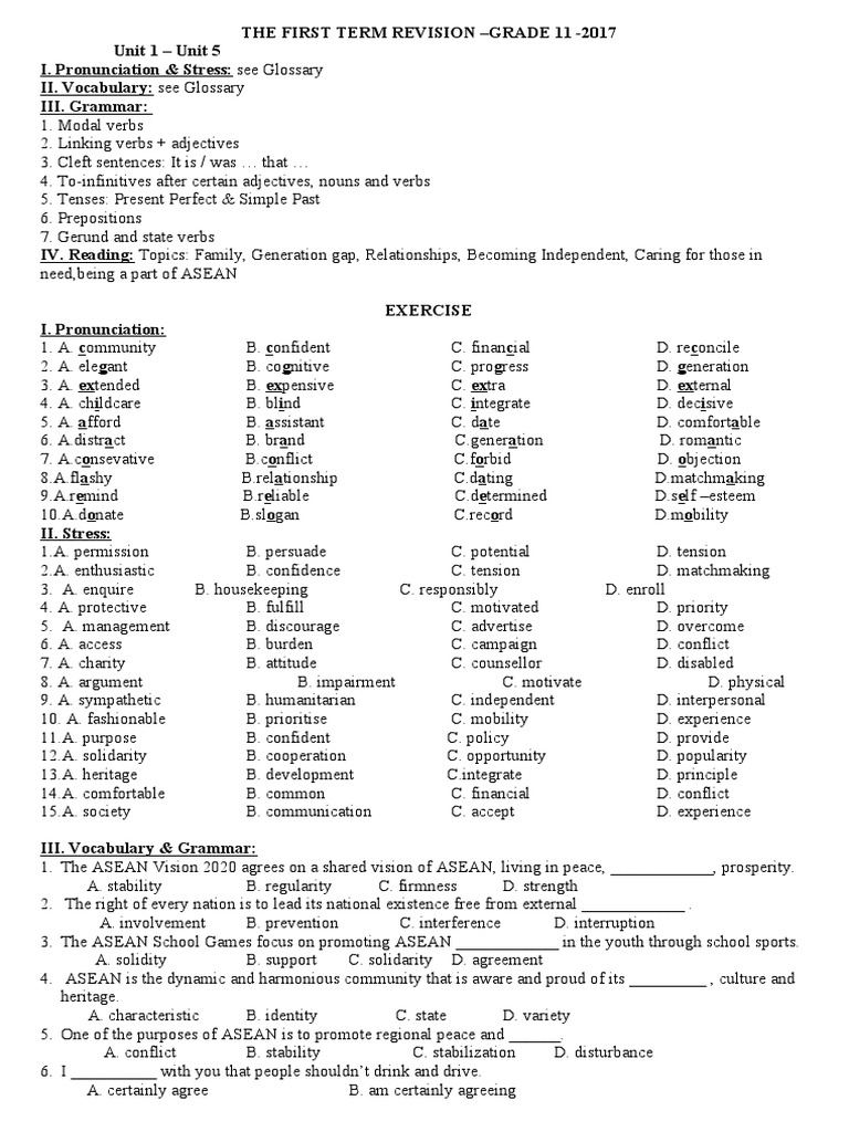 Grade 11 First Term Revision Guide | PDF | Verb | Disability