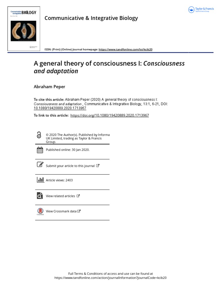 A General Theory of Consciousness I Consciousness and Adaptation 2020 ...