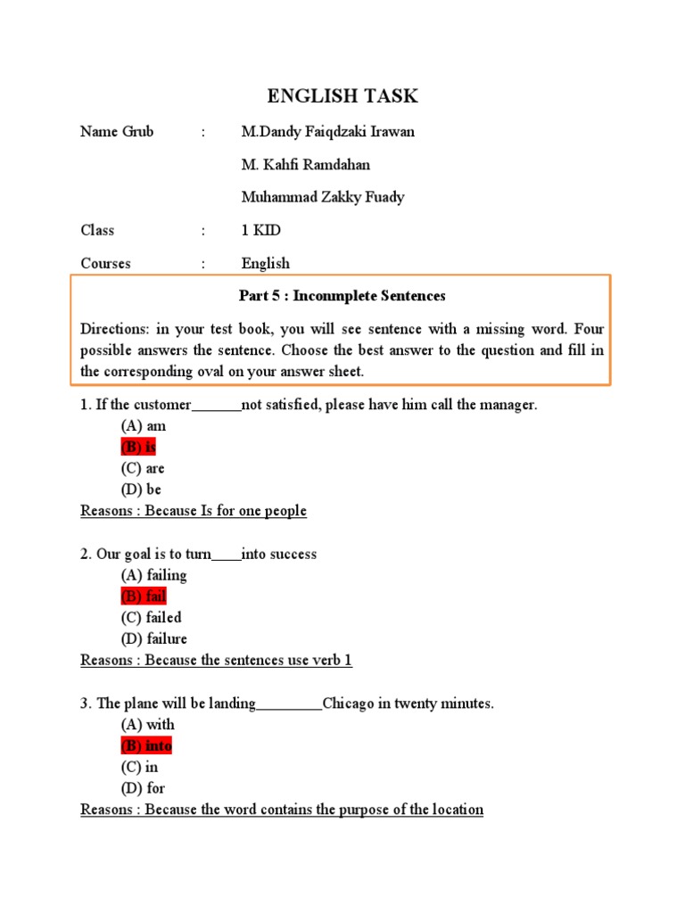 English Task Part 5 Inconmplete Sentences PDF Baggage Employment