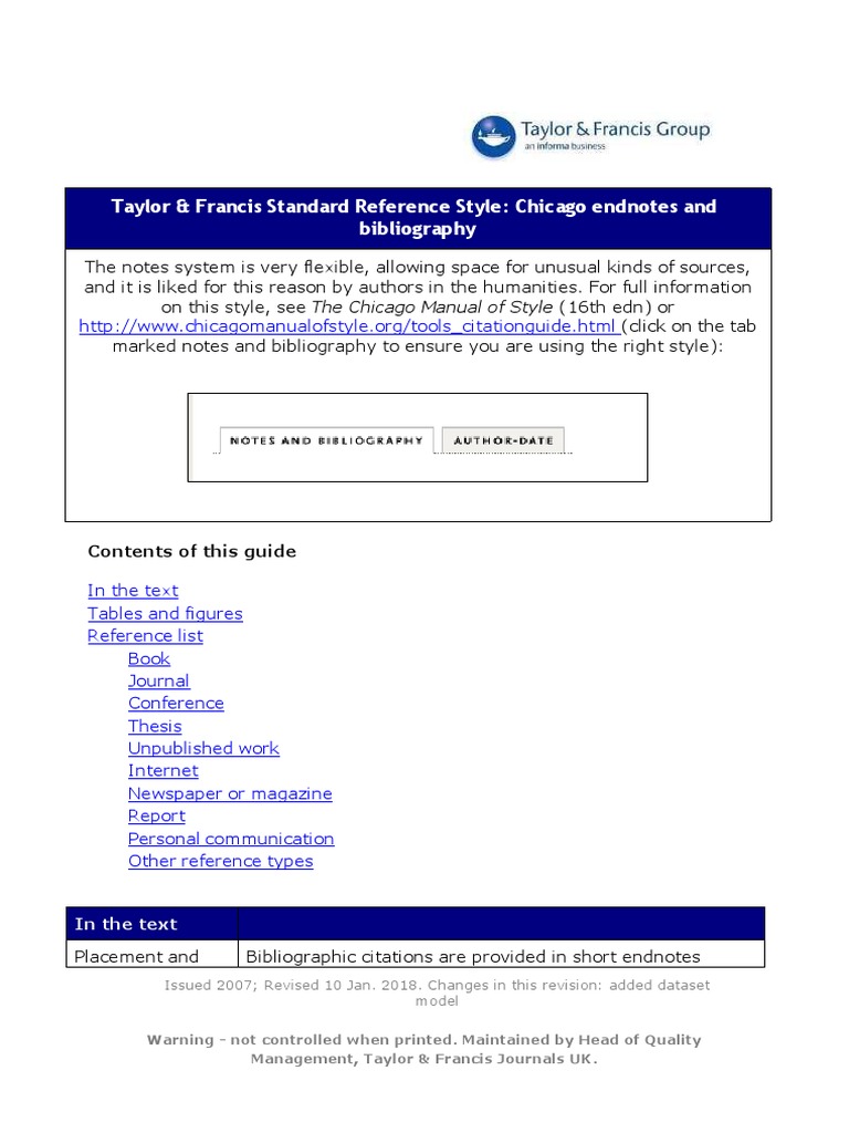 Taylor & Francis Standard Reference Style: Chicago Endnotes and ...