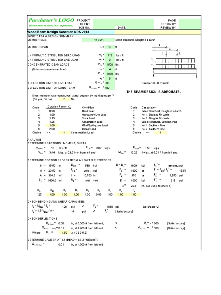 Wood Beam Design Based On NDS 2018: Input Data & Design Summary | PDF ...