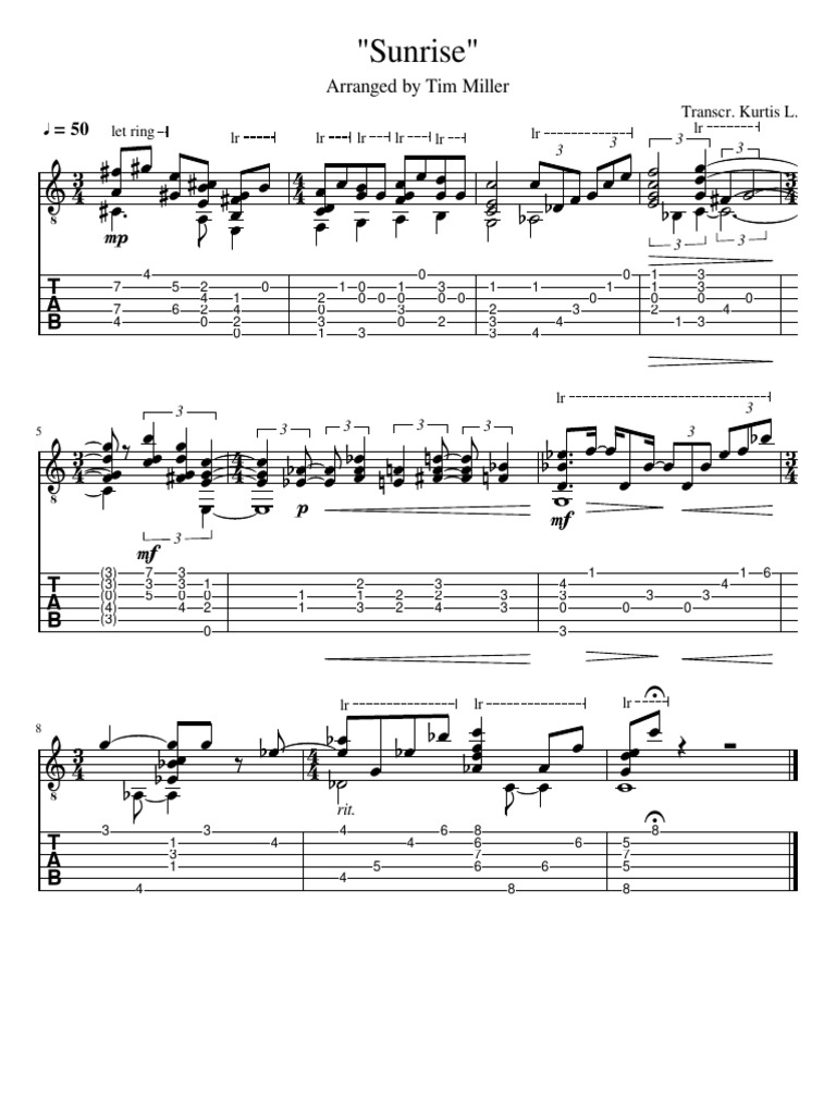 "Sunrise" Solo Guitar Arrangement by Tim Miller PDF