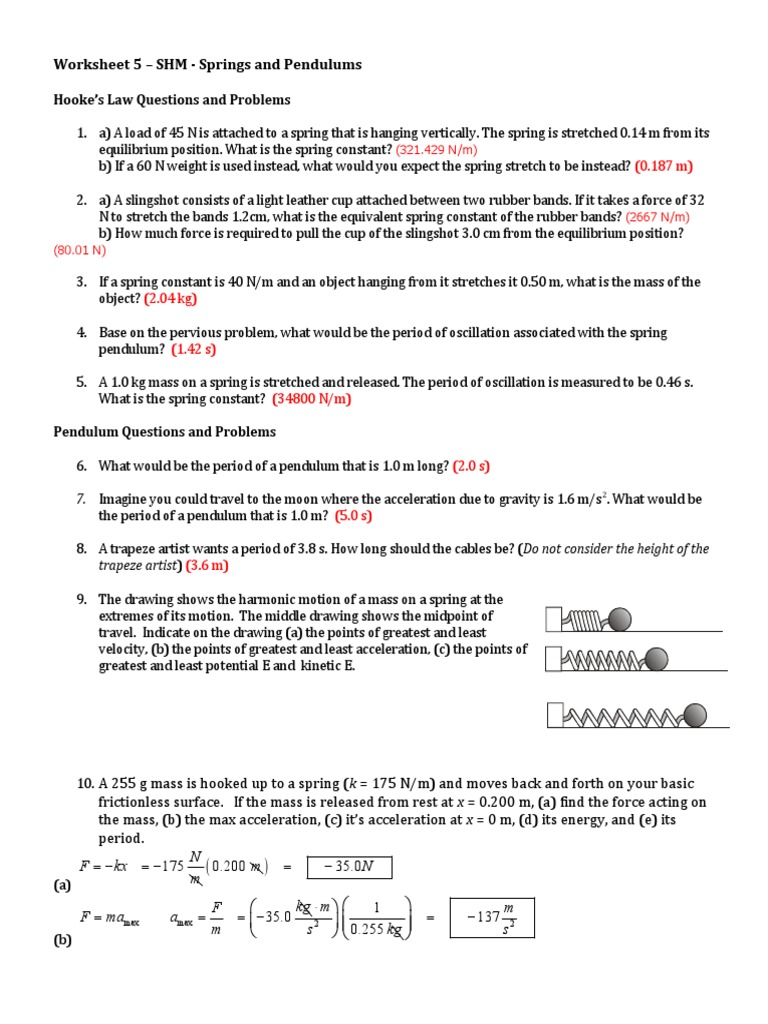 Simple Harmonic Motion Springs And Pendulums Worksheet Answers
