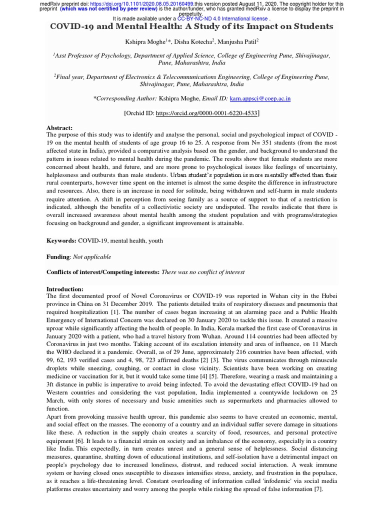 COVID-19 and Mental Health A Study of Its Impact o | PDF | Mental ...