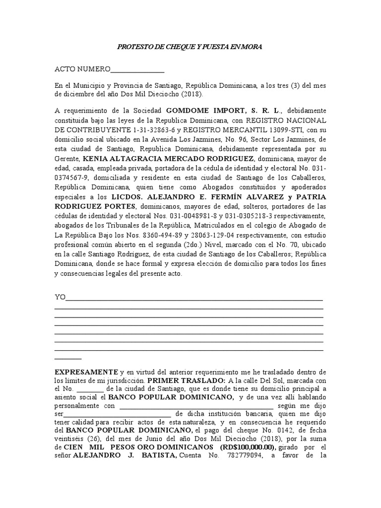 Protesto de Cheque y Puesta en Mora | PDF | Cheque | Trucos de confianza