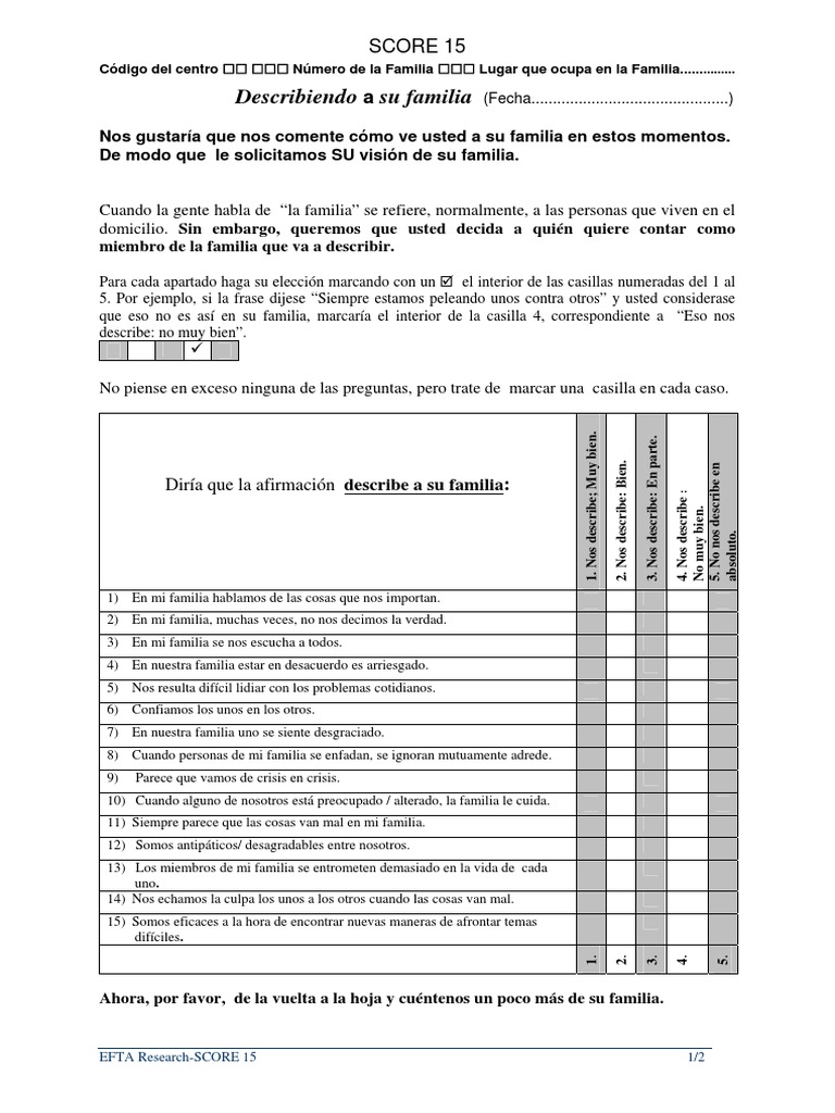 Cuestionario SCORE 15 sobre Familias | PDF