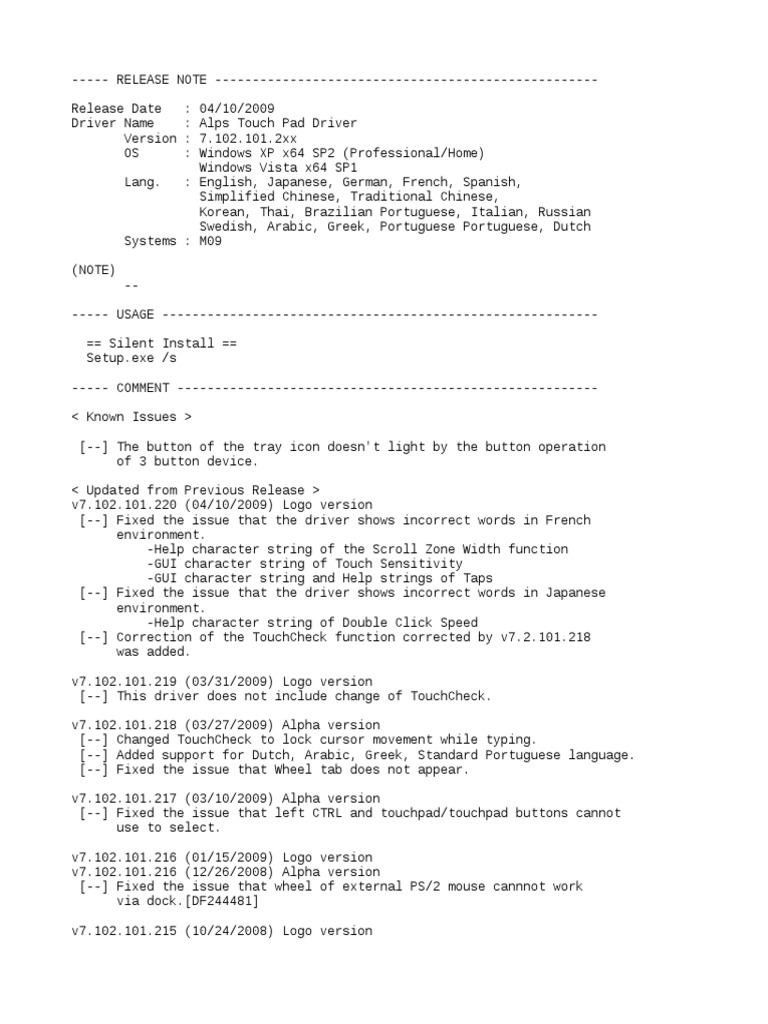 Alps Touch Pad Driver Release Note v7.102.101.2xx PDF Microsoft