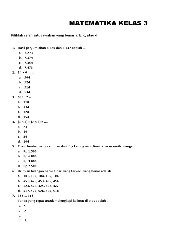 Soal Matematika Kelas 3 Semester 1 | PDF | Metode & Bahan Ajar