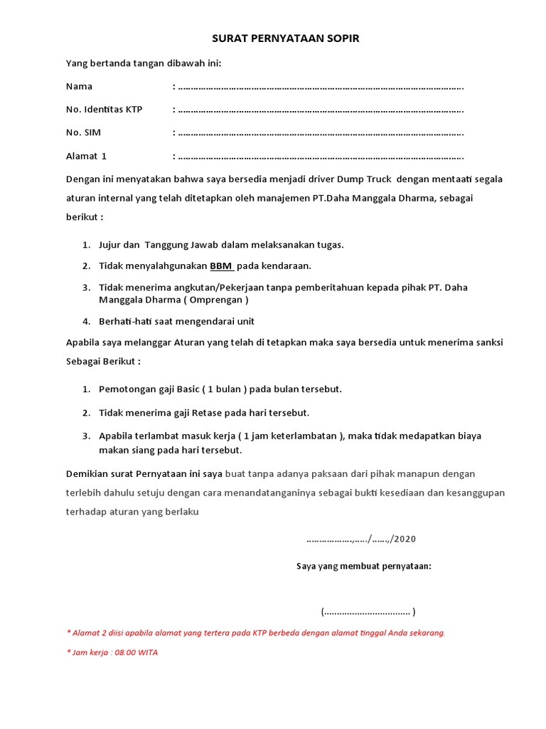 Surat Pernyataan Kesanggupan Sopir | PDF